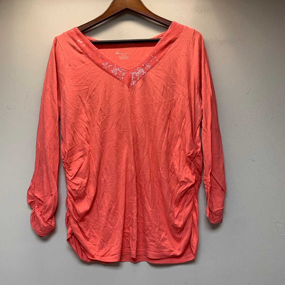 Lane Bryant Top Womens 14/16 Coral Excellent Sequin V-Neck Ruched Long Sleeve